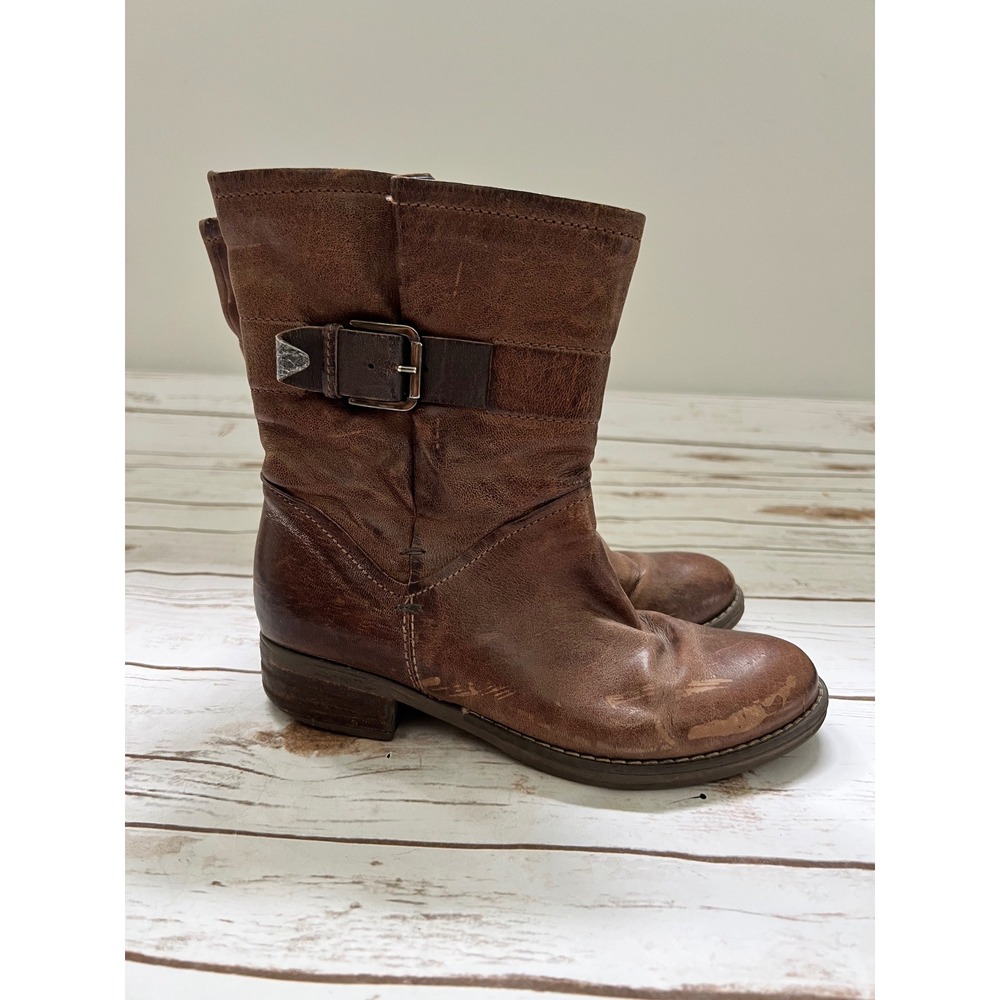 Kork-Ease Mid-Calf Moto Boots Brown Leather Buckle Distressed SZ 6